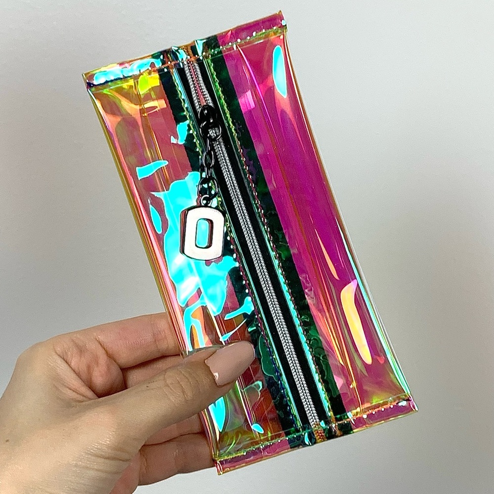 Womens NEW Pink/Yellow/Blue Holographic Mini Cosmetic Bag/Coin Purse Clutch NWT